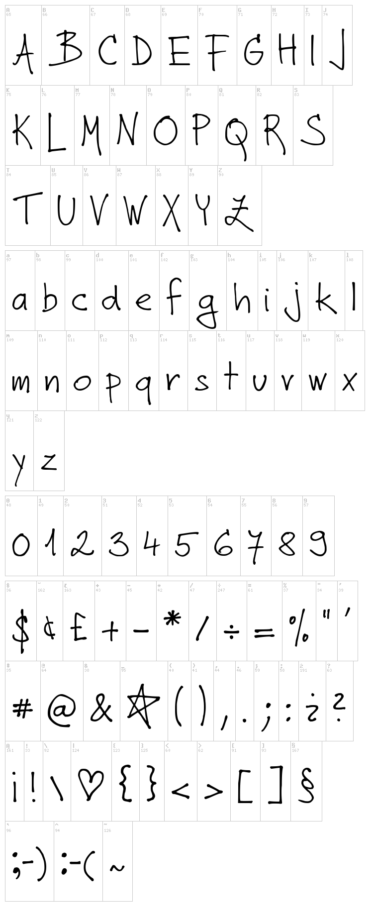DJB Zora Prints font map